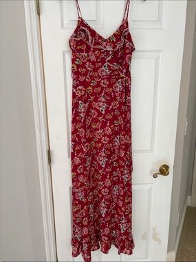 Red Floral Maxi Dress with Spaghetti Straps and Ruffle Detail